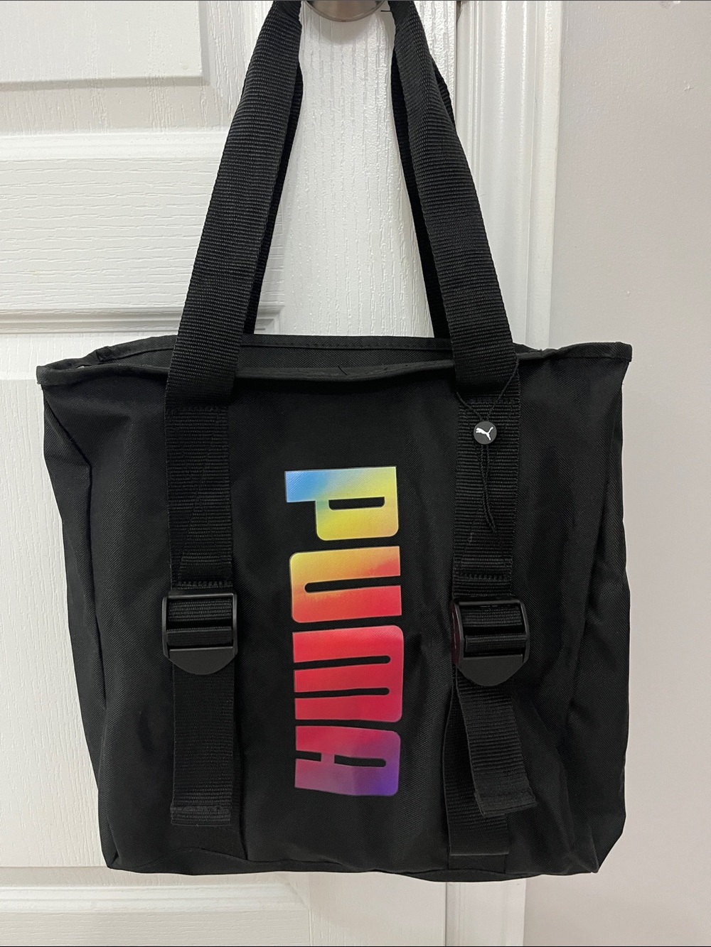 Puma Black Duffel Shoulder Tote with Rainbow PUMA Print